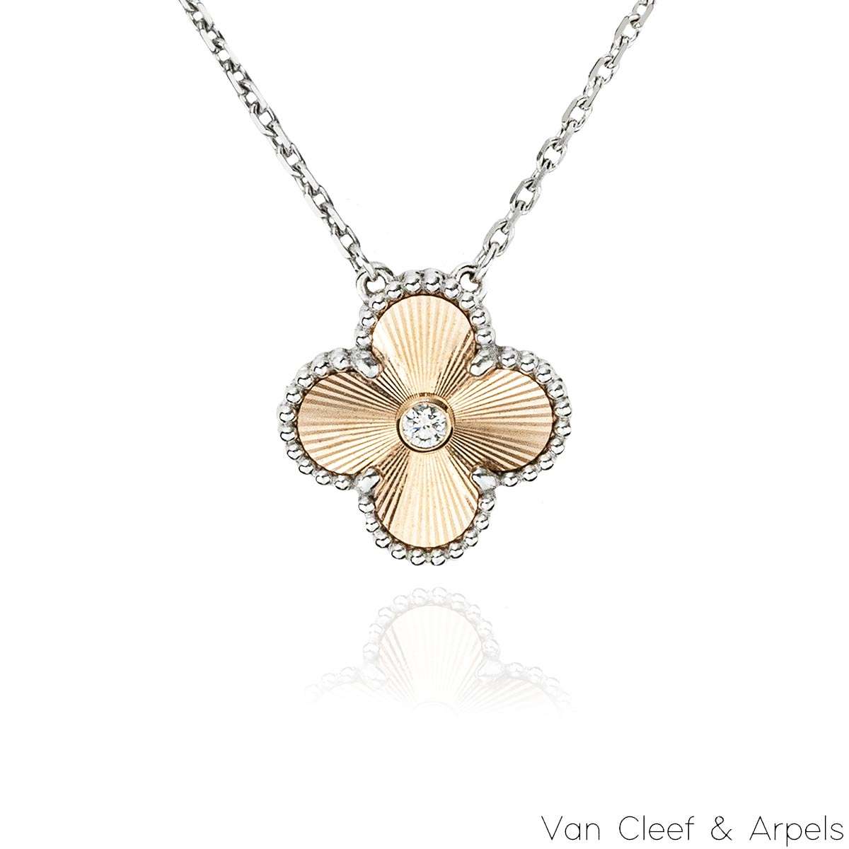 Van Cleef & Arpels Limited Edition 2024 White & Rose Gold Guilloche Diamond Vintage Alhambra Holiday Pendant VCARPNTH00 Van Cleef & Arpels Limited Edition 2024 White & Rose Gold Guilloche Diamond Vintage Alhambra Holiday Pendant VCARPNTH00